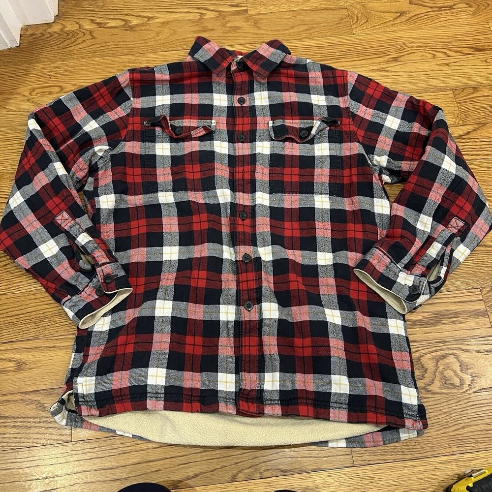 LL Bean Sherpa Lined Scotch Plaid Shirt Jacket Mens M Reg Snap Button Shacket